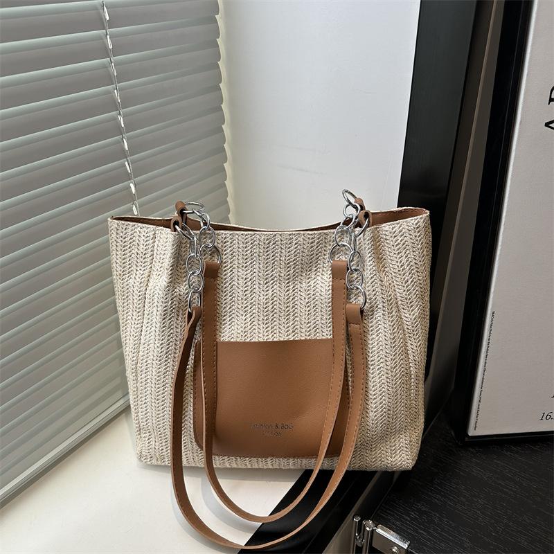 

2025 summer new fashion handbag single shoulder tote bag women s bag large capacity pp woven contrasting color bag коричневый