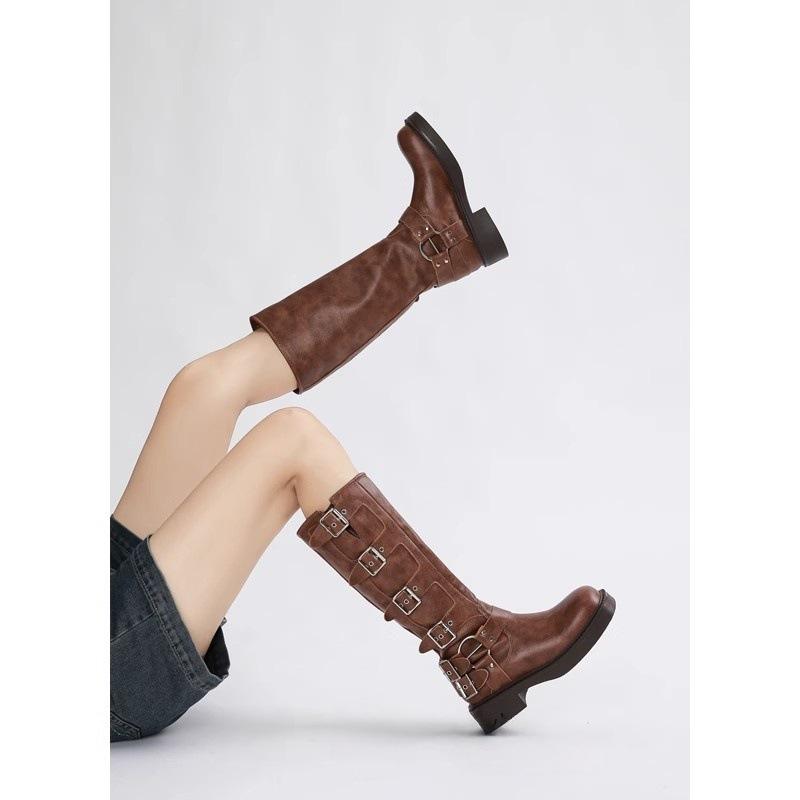 Maillard retro knee boots women's 2025 new gold belt buckle western cowboy knight boots