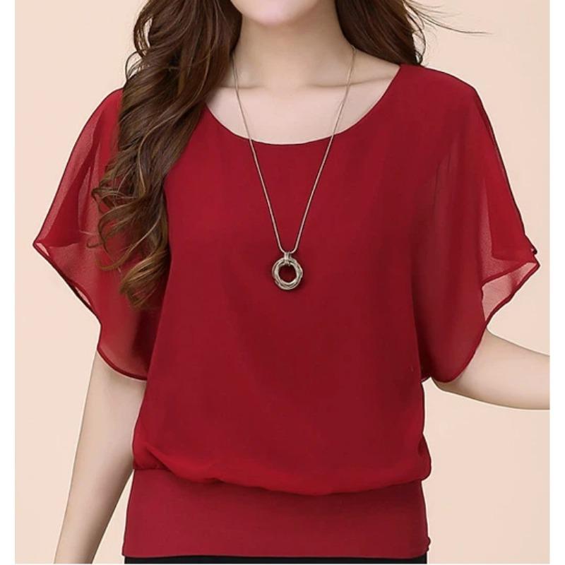 Nuovo Top Estivo da Donna in Chiffon con Maniche a Pipistrello, Scollo Rotondo, Casual, Elegante, alla Moda