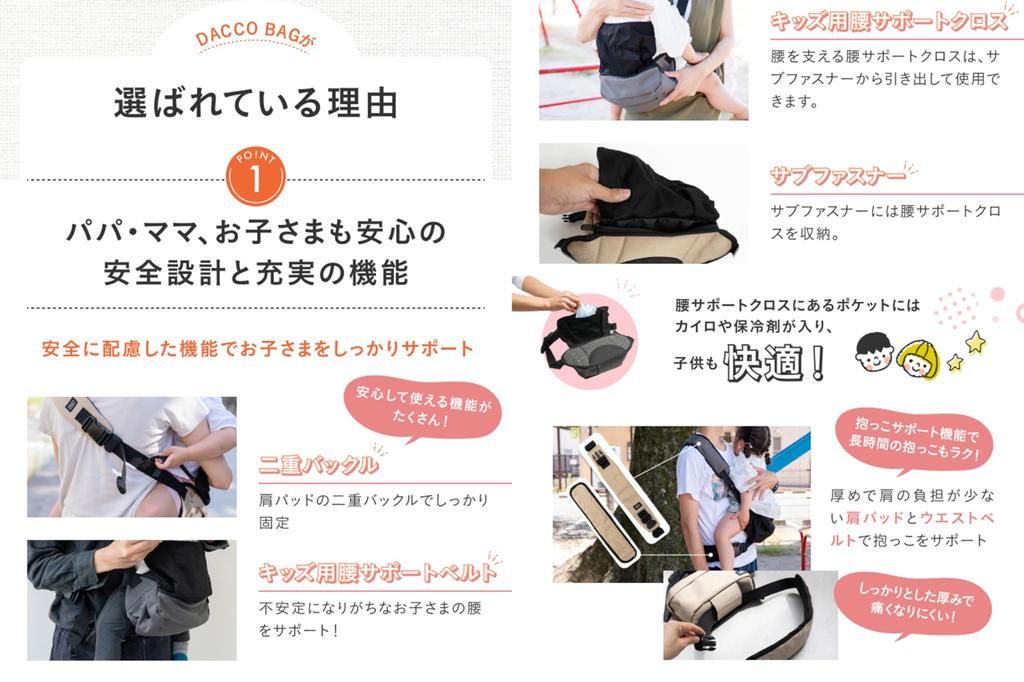 Belt Waist Supports at 2 points to reduce the burden Hip seat Shoulder bag specification Load capacity 20kg Large capacity storage Compact Double