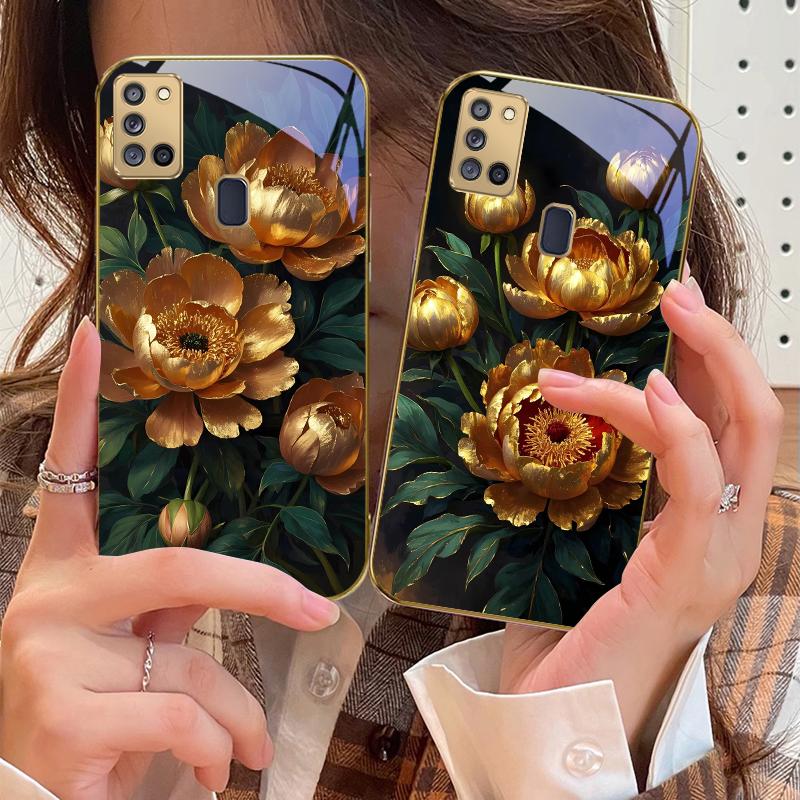 Prosperous Golden Peony For Samsung A 31 32 A33 A34 35 14 A15 13 16 25 26 50 52 53 54 55 56 70 71 72 73 Golden glass phone case