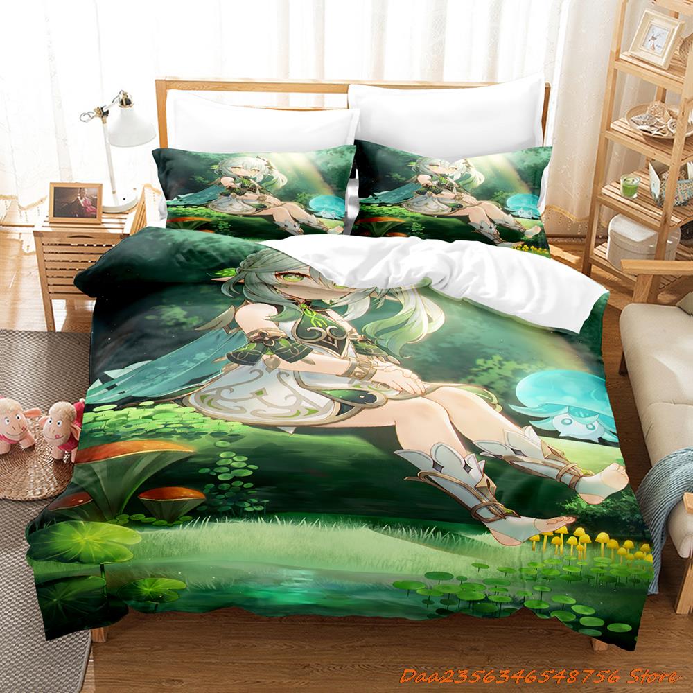 New Game Nahida Genshin Impact Bedding Collection Cartoon Anime ThreePiece Set Adult Kid Bedroom Duvetcover Collections 3D Kawaii Girls