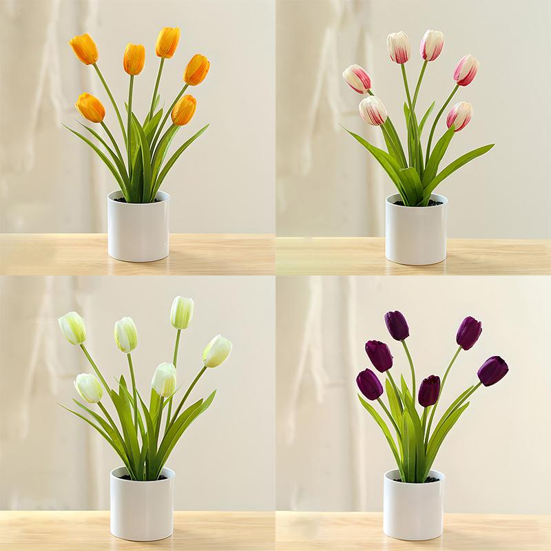 Artificial Tulip Flower Fake Plants 3/5/6Head Plastic Potted Bonsai Flowers Home Office Desktop Decor Wedding Party Decoration