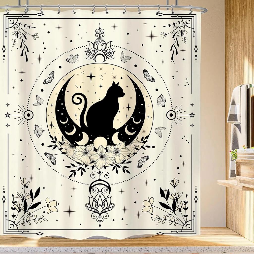 Japanese Cherry Cat Shower Curtain Black White Red Cute Animal Waterproof Polyester Bathroom Home Decorative Cover with Hook