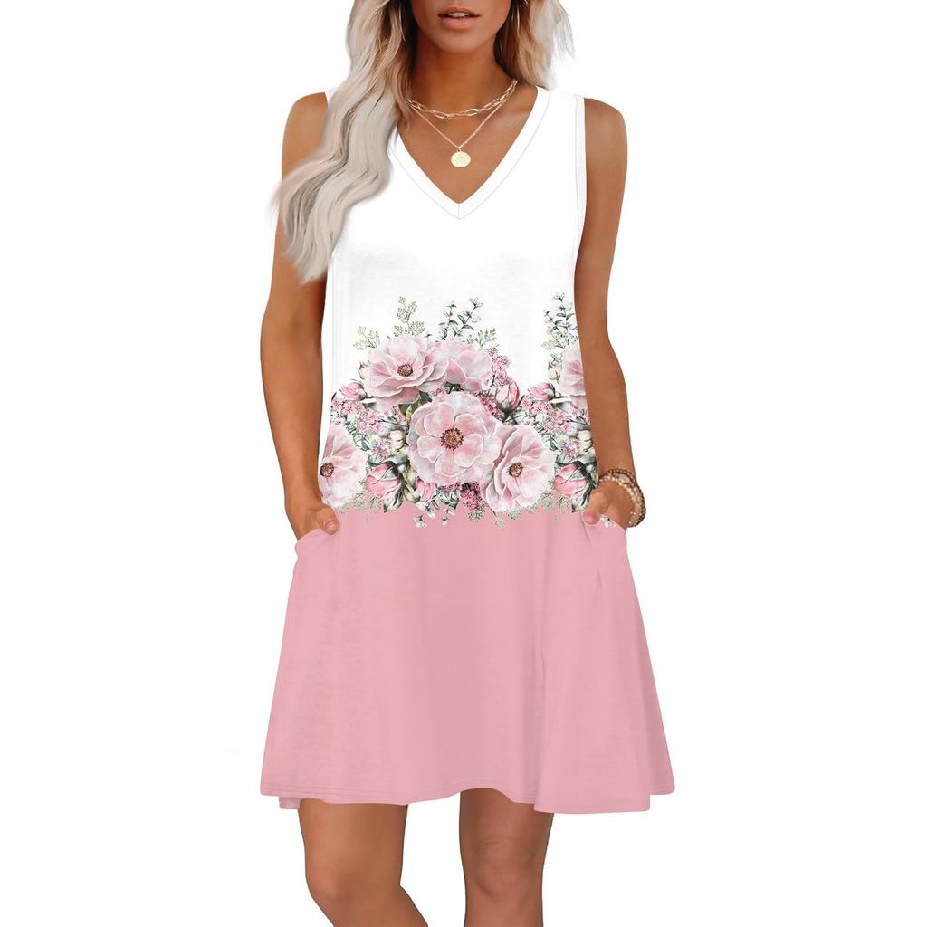 Women's Summer Dresses Loose Fit Printed V Neck Sleeveless Sundresses Beach Hawaiian Dress With Pockets