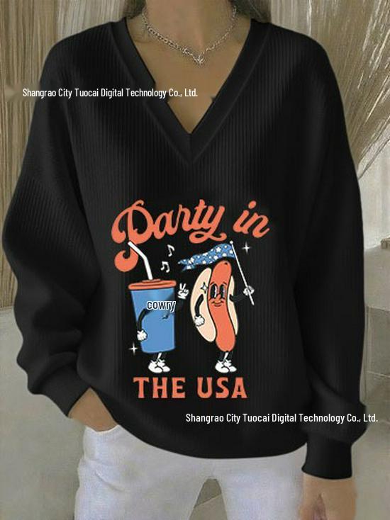 2025 3D Print V-neck Knit Pullover: Versatile Loose Fit Sweater for Autumn/Winter