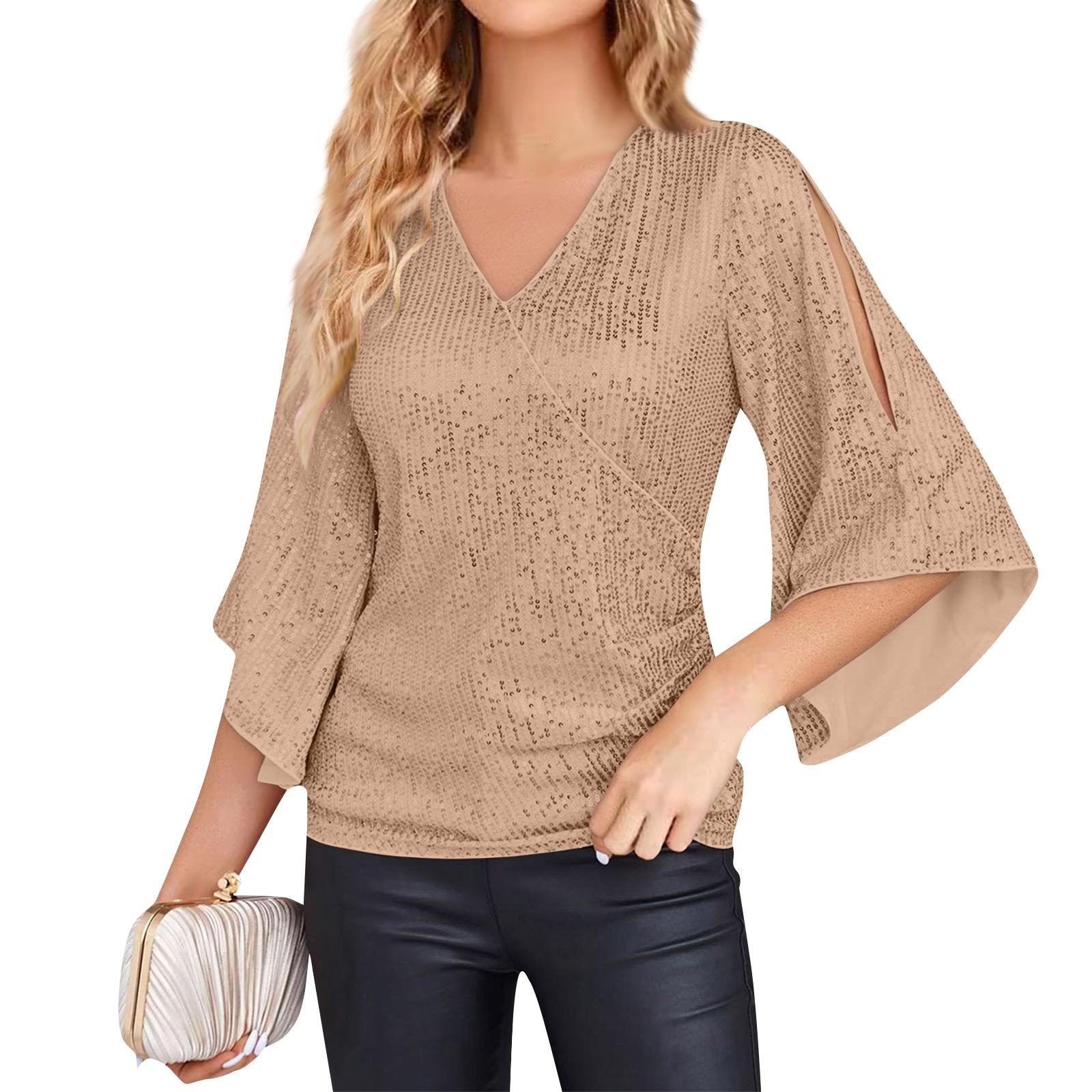 

Женская модная свободная футболка средней длины с пайетками, женский пуловер с короткими рукавами L бежевый