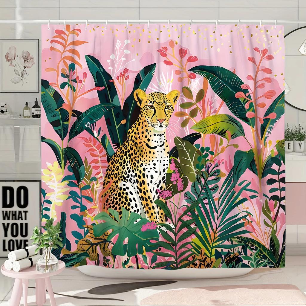 ~O~Tropical Leopard & Monstera Shower Curtain - Waterproof Polyester,  12 Hooks, Machine Washable, Ideal for Dorms & Apartments
