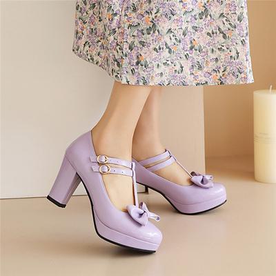 Women Mary Jane Shoes Lolita High Heels Bow T-Strap Platform Pumps Thick Heels Shoes Princess Wedding Party Shoes Plus Size33-46