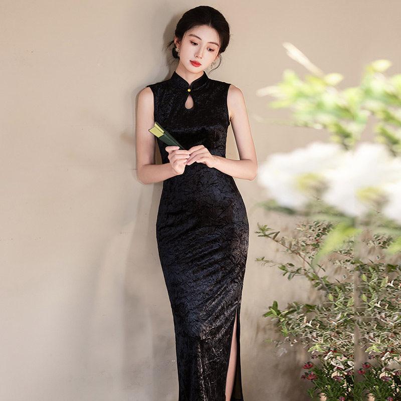 Sleeveless black national style new Chinese Suzhou long cheongsam improved young 1011 new women's high-end dress