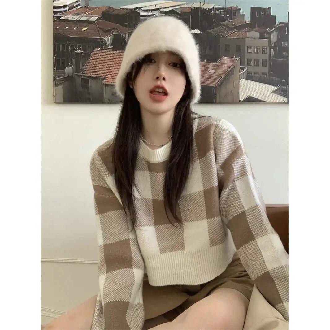 

Весенне-осенний вязаный укороченный жаккардовый свитер в клетку, верхнее пальто, свободный и универсальный топ с длинными рукавами и круглым вырезом в стиле преппи. XL