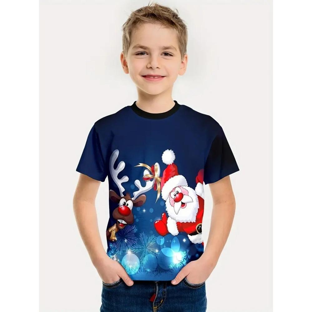 Fashionable Summer Children's T-shirt Colorful Christmas Collection Animals Printing Soft Comfortable Breathable Round Neck Short Sleeved T-shirt