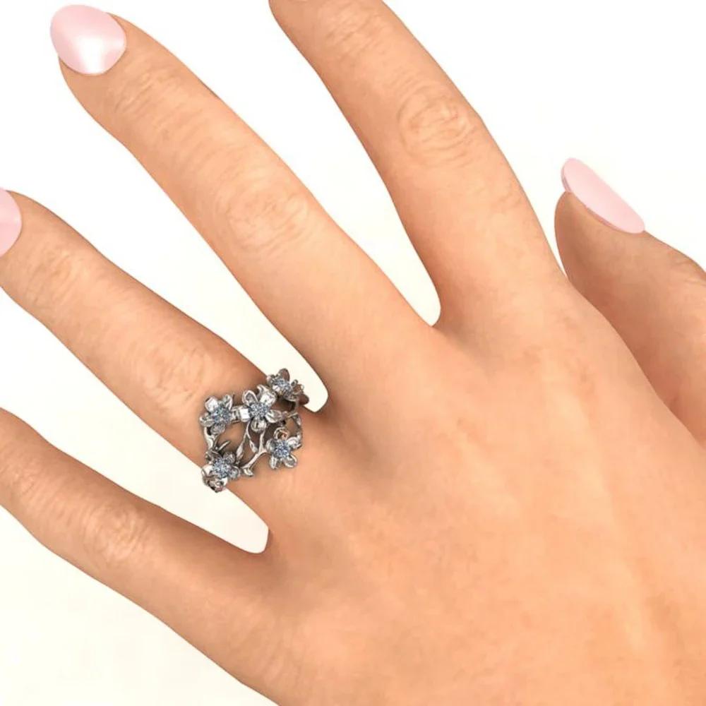 Romantic Silver Color Flower Rings Bridal Wedding Ceremony Party Dazzling Cubic Zircon Creative Design Elegant Women Ring