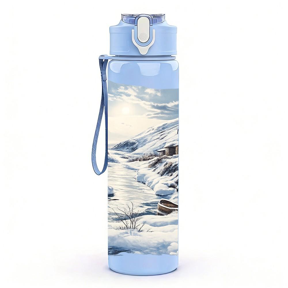 1PC Snow Mountain Lake Winter Landscape Print 750ml Color Plastic Sports Water Bottle Leakproof Flip Straw Lid Suitable for Sports Office Home Use