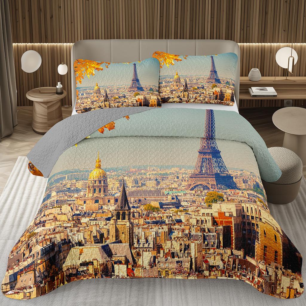 Eiffelturm Tagesdecke Vintage Paris Stadtlandschaft Quilt-Set Doppel-/Queen-Größe, Weiche Leichte Wendbare Tagesdecke für Mädchen Frauen
