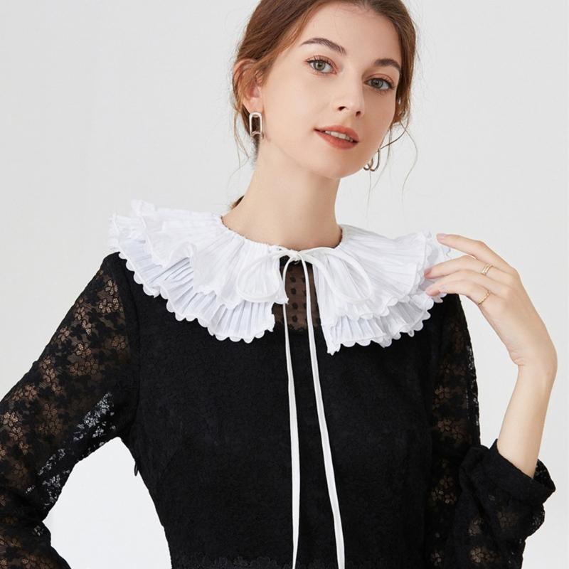 Korean Style Women Double Layer Pleated False Collar Shawl Scalloped Lace Trim White Half Shirt Lace-Up Poncho Capelet