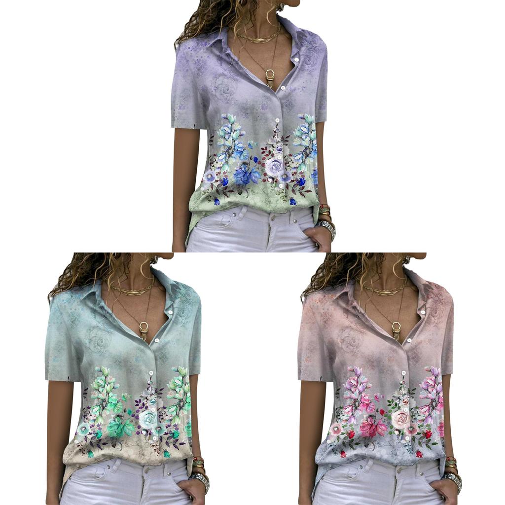 Floral Print Short Sleeve Shirt With Button Front For Casual Women