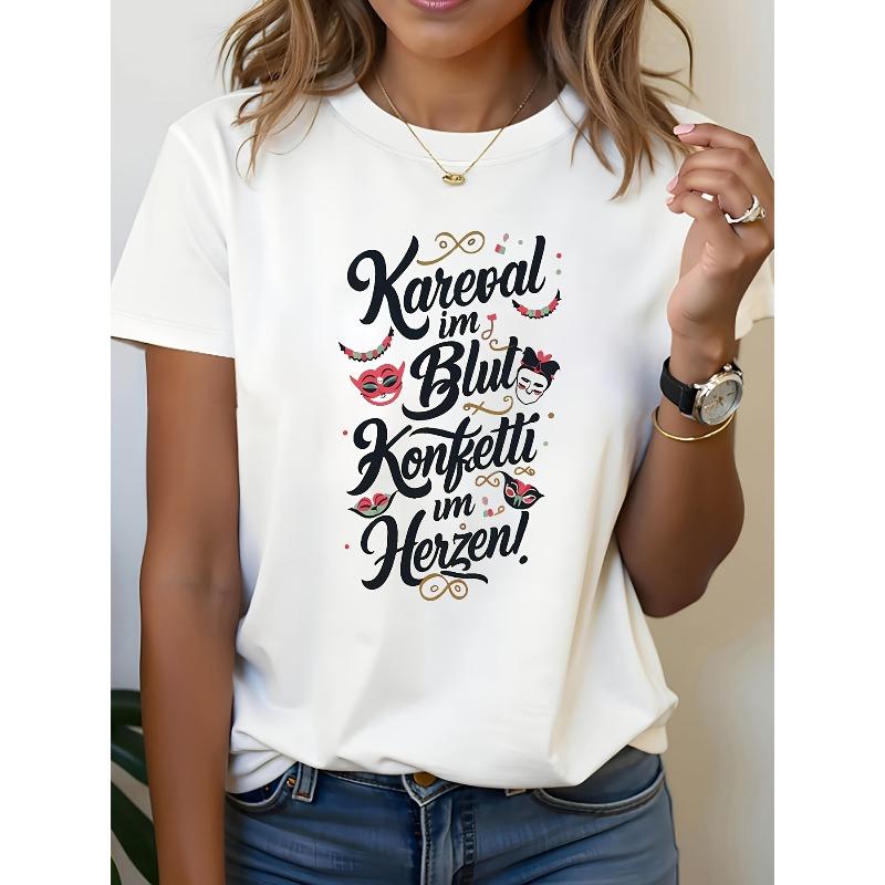 

Women S White Round-Neck Short-Sleeve T-Shirt with a Carnival Theme, Featuring Mask Decorations And Vintage-Style German Script Print. S белый