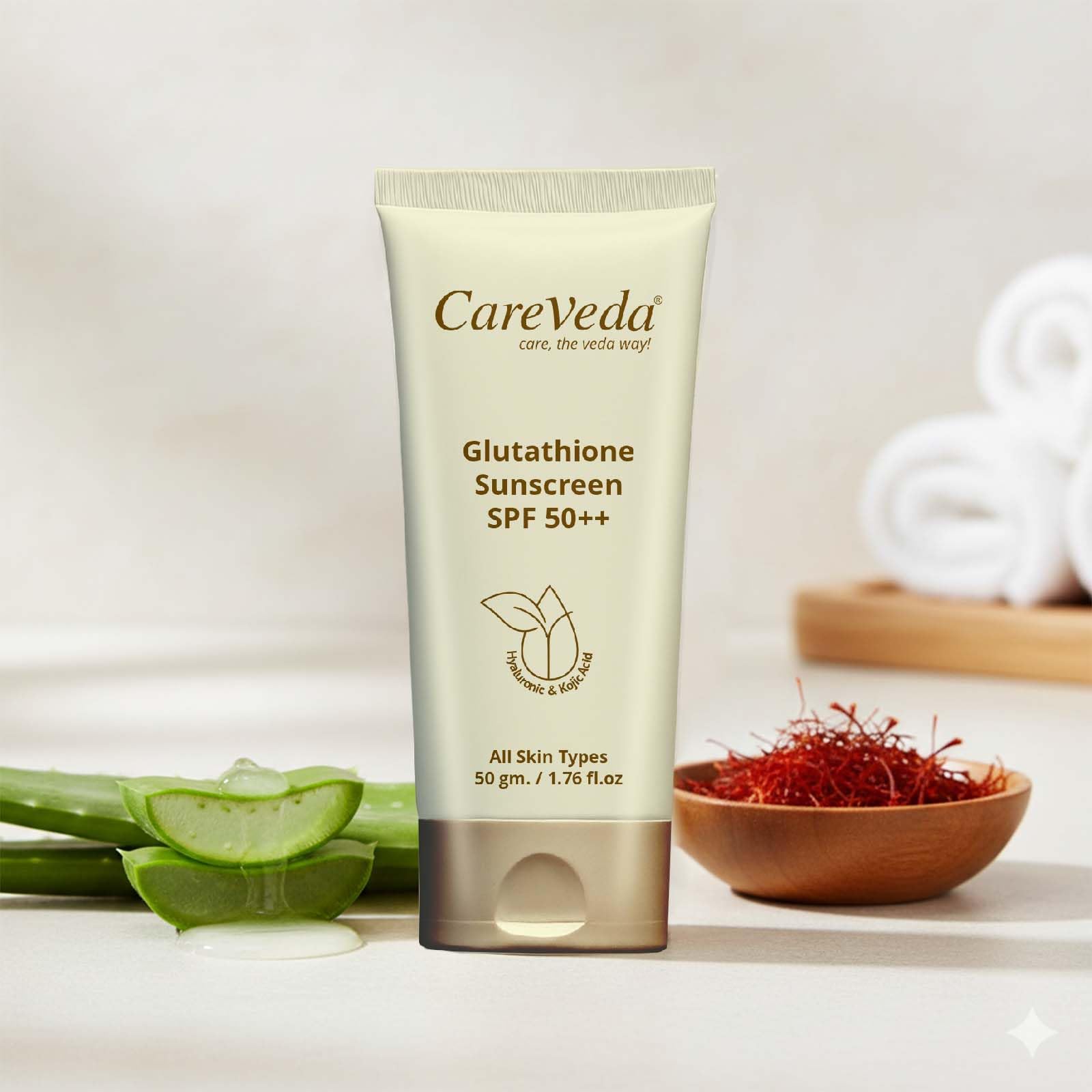 CareVeda Glutathione Sunscreen SPF 50++ Enriched with Hyaluronic & Kojic Acid For All Skin Types 50gm