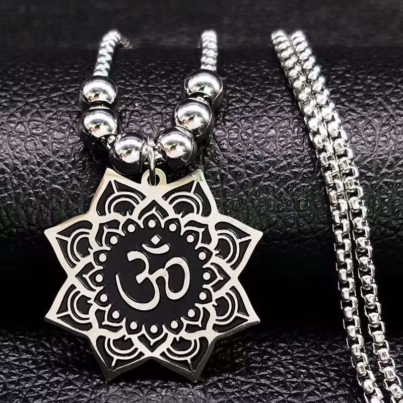 Lotus Stainless Steel Buddhist Hindu Symbol Necklace Women Silver Beads Long Necklace Jewelry
