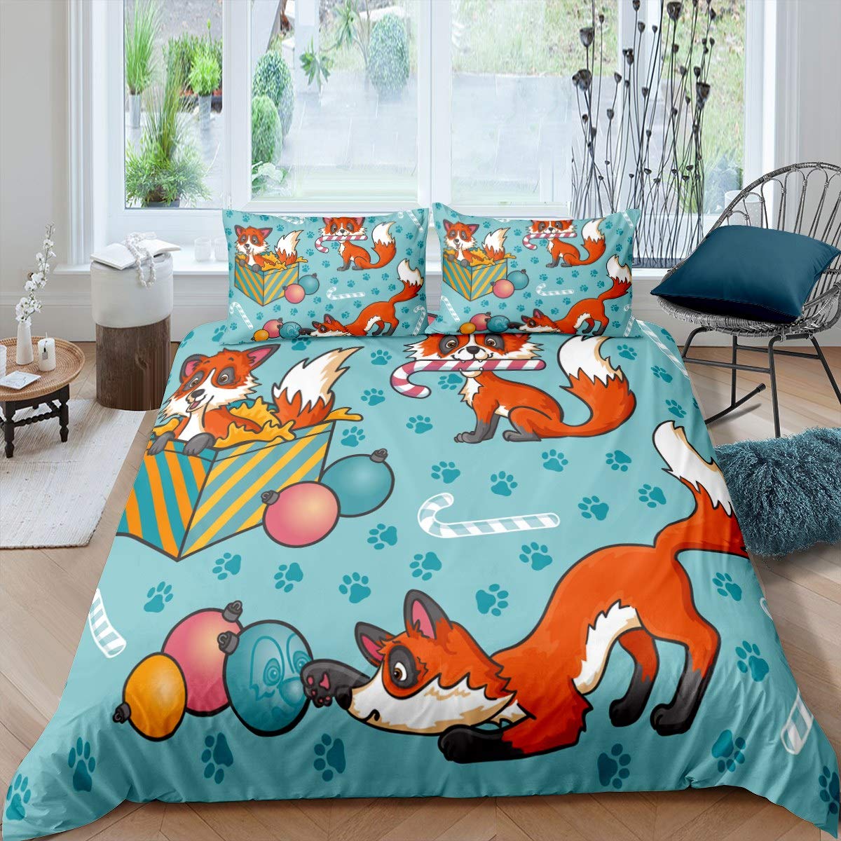 

Girls Cartoon Fox Duvet Cover Set Cute Fox Bedding Set Kawaii Animals Comforter Cover Botanical Floral Bedspread Cover Full Size EU single(135x200cm)