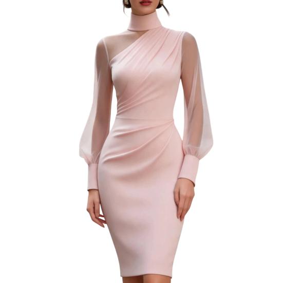 Women s Mesh Sheer Long Sleeve Mini Dress, Ruched Bodycon Mock Neck Party Cocktail Dress, Formal Wedding Guest Evening Gown S