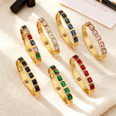 18K Gold Plated Stainless Steel Bracelet with Square Colored Glass Stones In Trendy European and American Niche Design - Fade Resistant.