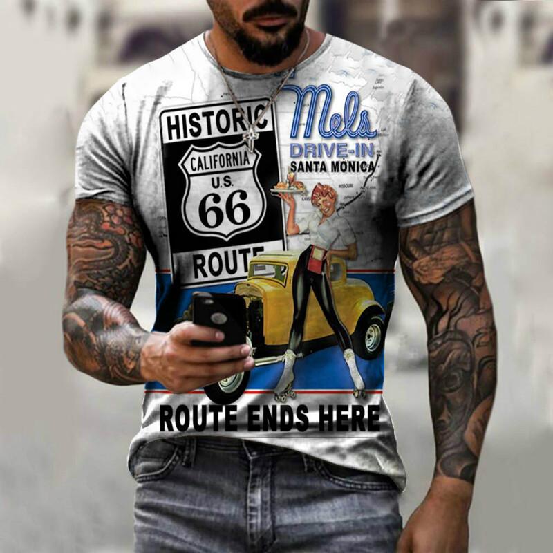 Summer New 3D Printed US Route 66 Cool Round Neck Men's T-shirt