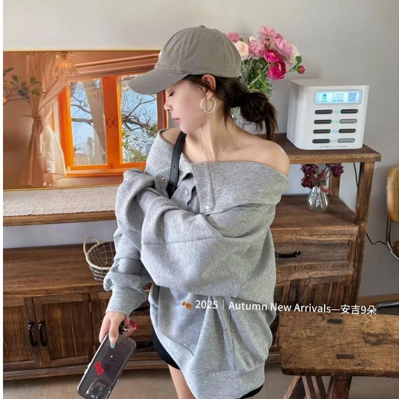 

Новый осенний стиль Кореи Корейский стиль Пуговицы Свободный Лацкан Дизайн в западном стиле Свитшот с длинными рукавами Топ S серый