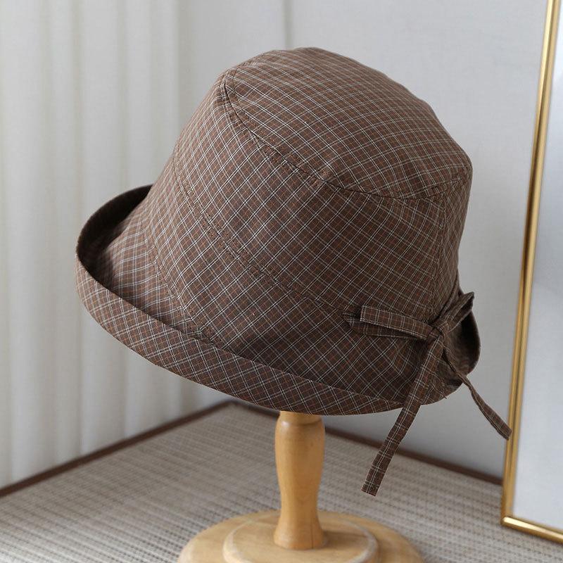 

Women Plaid Bucket Hat Summer Vacation Casual Hat Face Slimming Visor Cap 56-58cm кавовий