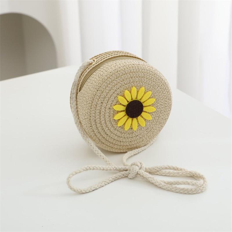 Summer Solid Color Straw Bag Shoulder Messenger Round Bag Children Versatile Outing Beach Bag Light Board DIY Round Weaving