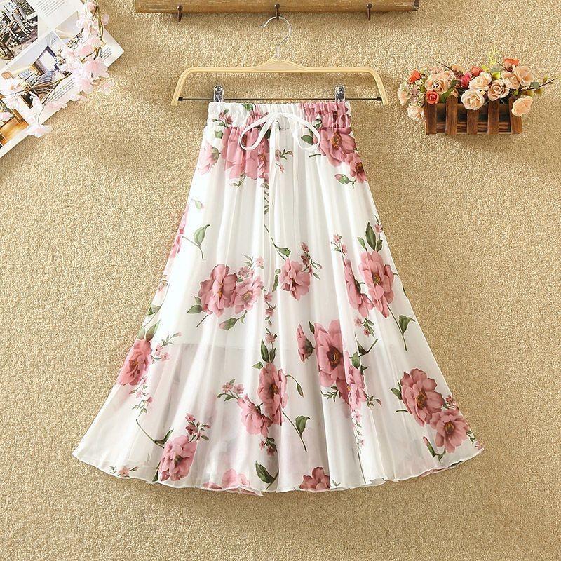 Qooth Women A Line Flower Chiffon Skirt Wide Hem Mid Length Elastic Waist Casual Skirt QT2665