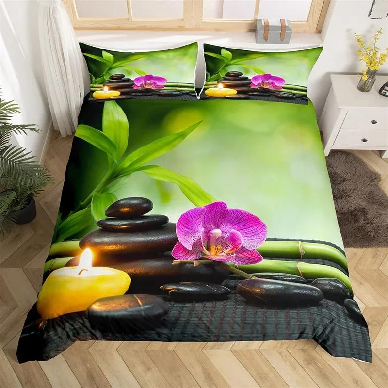 Zen Stones Duvet Cover Bamboo Phalaenopsis Bedding Set Meditation Quilt Cover Microfiber Tranquil Nature Artwork Bedspread Cover