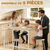 5 Piece Bar Table Set for 4 with Stools, Metal Frame, Footrest for Kitchen Natural Wood
