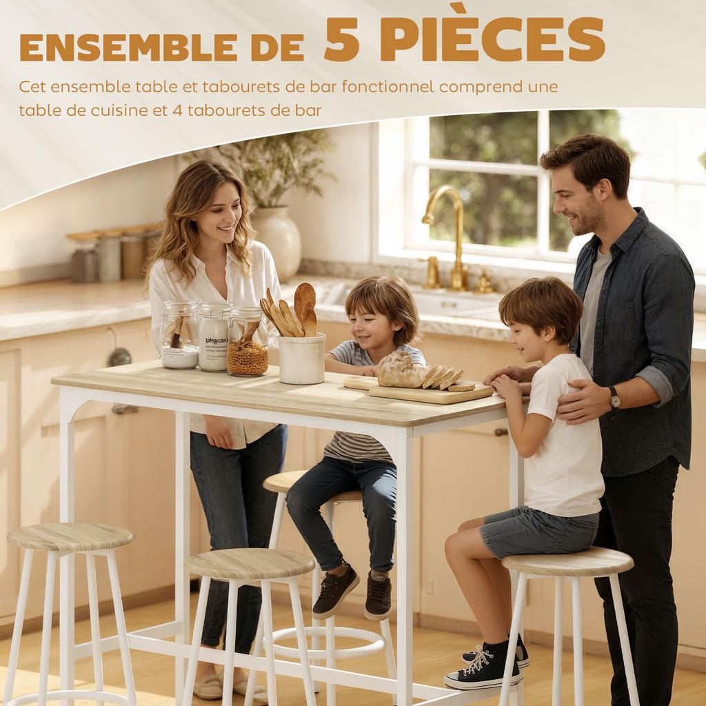 5 Piece Bar Table Set for 4 with Stools, Metal Frame, Footrest for Kitchen Natural Wood