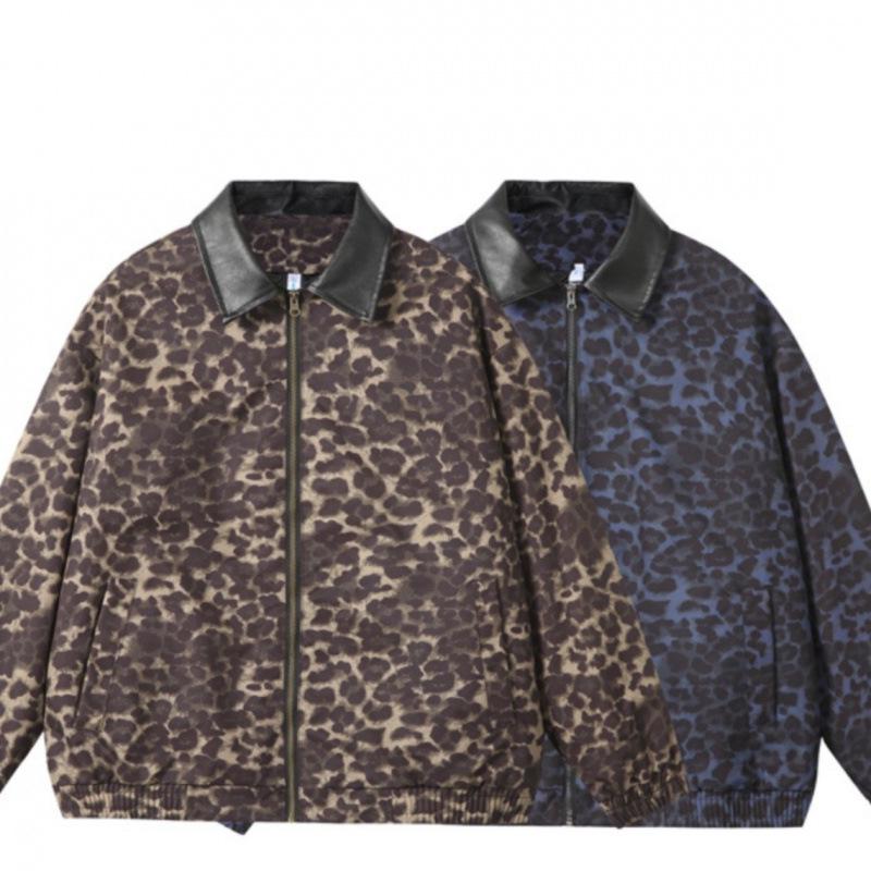 Unisex Retro Leopard Print Spliced Leather Jacket - Trendy, Loose-Fit Streetwear