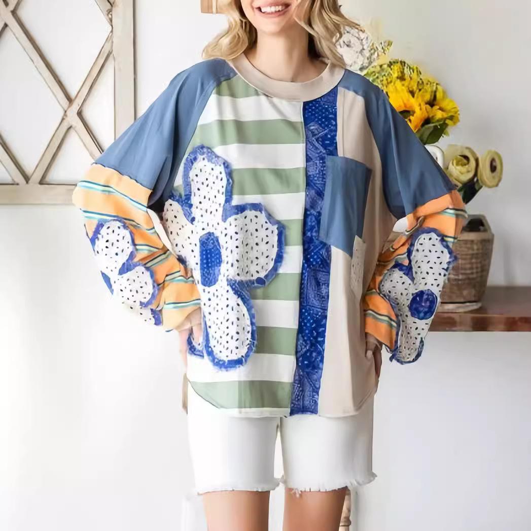 

GMXIA Цветочная свободная повседневная толстовка с капюшоном с аппликацией из цветного лоскутного принта и пышными рукавами L королевский синий