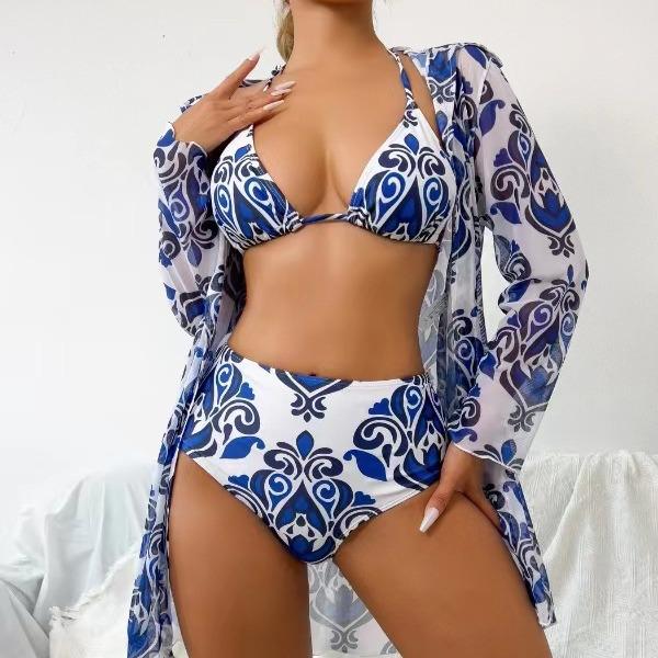

Новый женский комплект бикини из трех частей с европейским и американским принтом, накидка с длинными рукавами Extra Large
