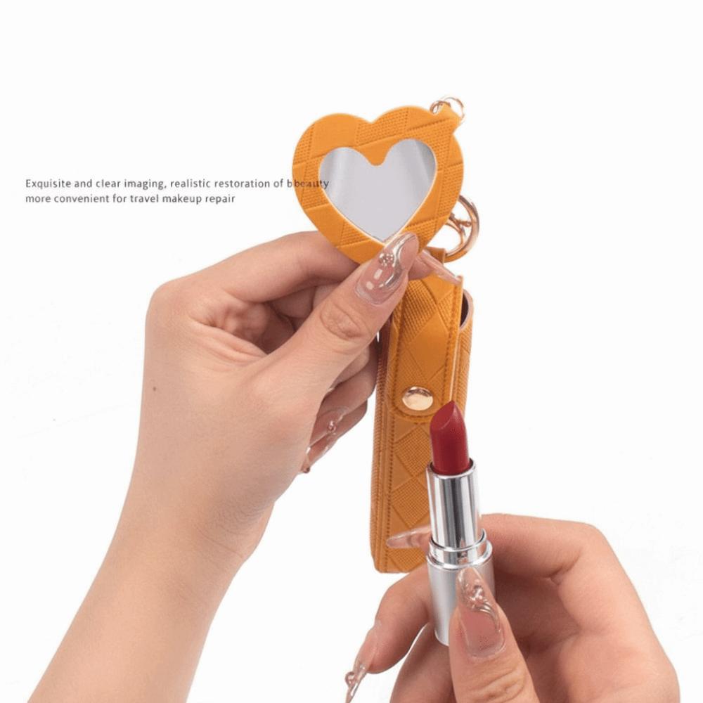 Portable Mini Lipstick Bag Keychain with Heart-shaped Mirror PU Leather Lip Balm Bag Keychain Design Lipsticks Protective Cover
