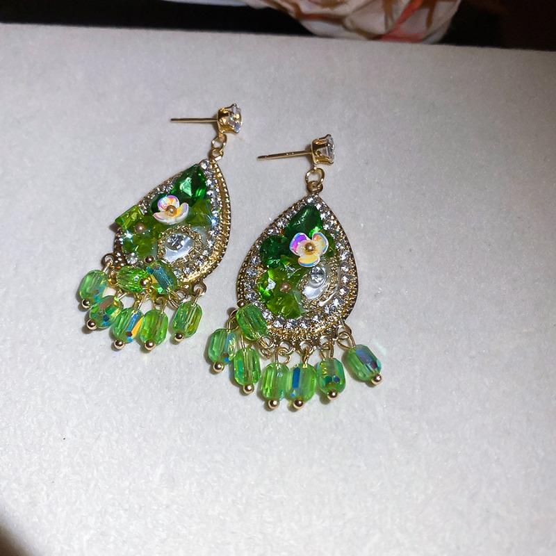 Silver Needle Diamond Crystal Water Drop Flower Pendant Earrings Bohemian Ethnic Style Earrings Light Luxury Premium Earrings