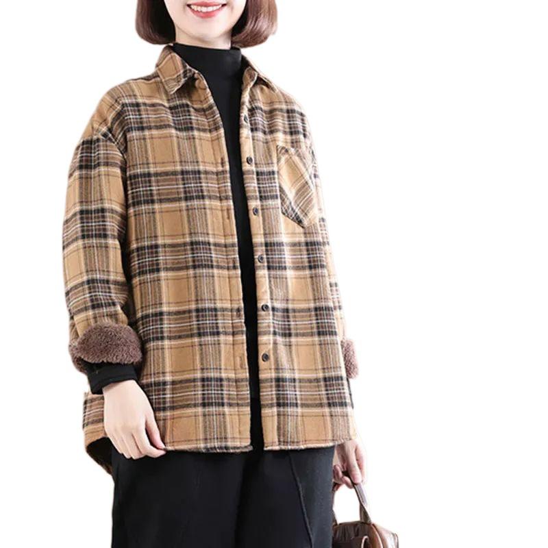 Women's Winter Brushed Plaid Long Sleeve Mid-Length Coat