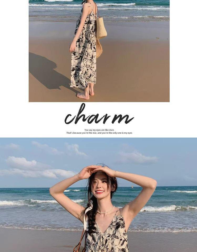 Women's Chinese Floral Ink Wash V-neck Spaghetti Strap Dress - Summer 2025 French Casual Holiday Style
