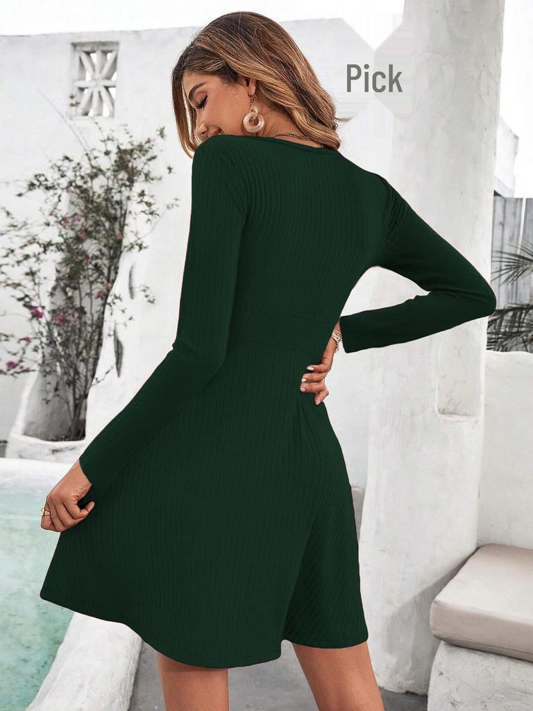 Women's A-line Solid Color Wrap Dress with Short or Long Sleeves for Autumn/Winter