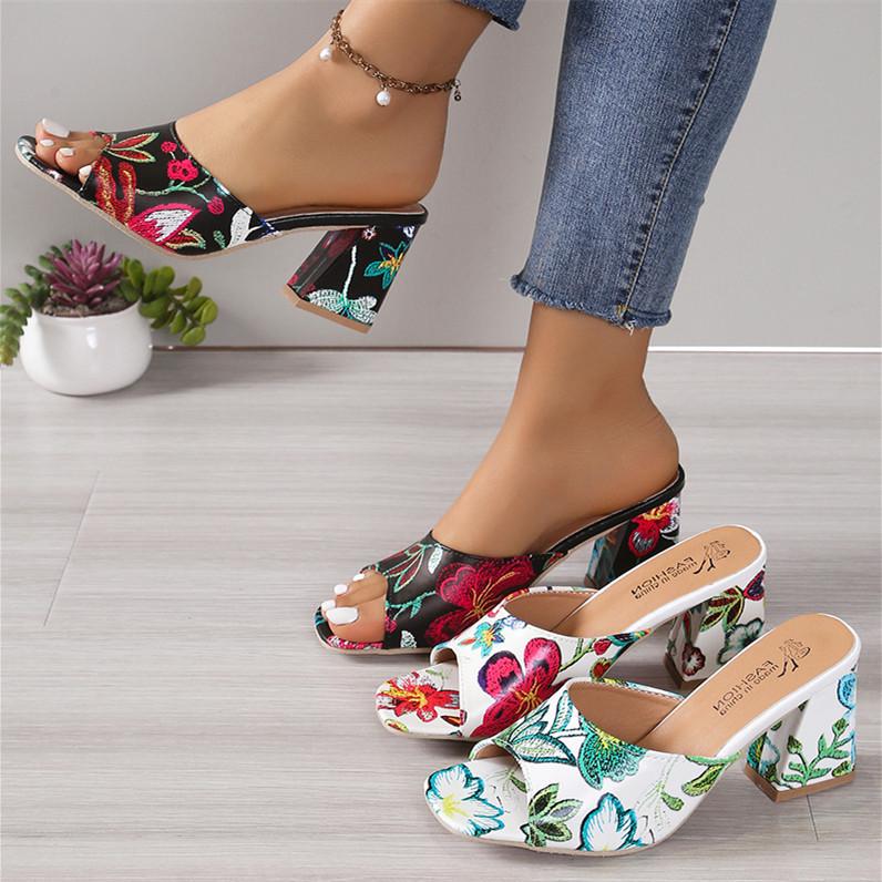 European & American Embroidered Open Toe High Heel Square Toe Sandals - Women's Plus Size, Chunky Heel, One-Strap Fashion Slippers