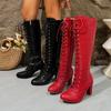 2025 Plus Size New Front Lace Up Side Zipper Pointed Thick Heel High-heeled Leather Boots for Women
