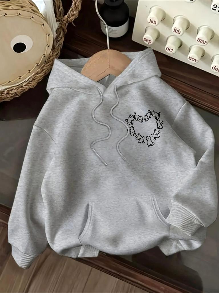Women's Top Creative Cat Love Printed Hoodie Round Neck Long Sleeve Autumn Winter Women's Casual Sweatshirt Clothing