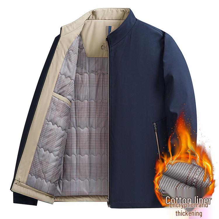 Men's Autumn/Winter Cotton Stand-up Collar Jacket - Business Casual, Solid Color, Thicken, Dad's Style