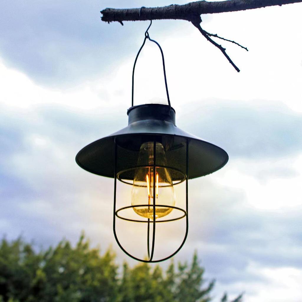 Retro Wrought Iron Solar Courtyard Lantern: Outdoor Tungsten Filament for Garden, Balcony, Camping & Decorative Night Lighting.