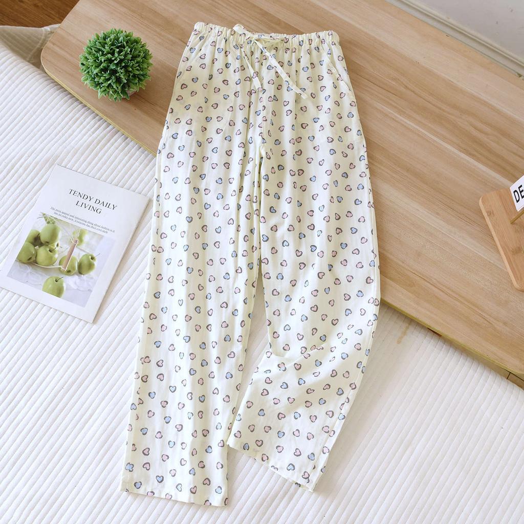 2026 New Women's Spring/Summer Sleeper Pants 100% Cotton Gauze Thin Style Simple Love Sweet Loose Home Pants