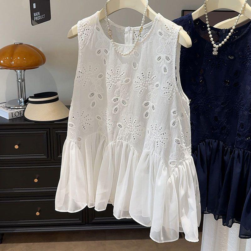 Women s Plus Size Sleeveless Lace Embroidered Chiffon Top - Summer 2026 One Size
